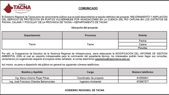 "MEJORAMIENTO Y AMPLIACIÓN DEL SERVICIO DE PROTECCIÓN DE PUNTOS VULNERABLES POR INUNDACIONES EN LA CUENCA DEL RIO CAPLINA EN LOS DISTRITOS DE PACHIA, CAPLINA Y POCOLLAY DE LA PROVINCIA DE TACNA, DEPARTAMENTO DE TACNA"