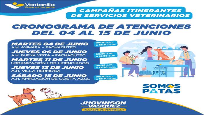 🟡 ¡Atención vecinos! 🐾 Del 4 al 15 de junio, la Municipalidad de Ventanilla, gracias a nuestro alcalde 𝐉𝐡𝐨𝐯𝐢𝐧𝐬𝐨𝐧 𝐕𝐚𝐬𝐪𝐮𝐞𝐳, te trae campañas itinerantes de servicios veterinarios en diferentes puntos del distrito, de 8:30 a.m. a 12:30 p.m. ¡Cuida la salud de tus engreídos de cuatro patas y únete a esta iniciativa! 🐶