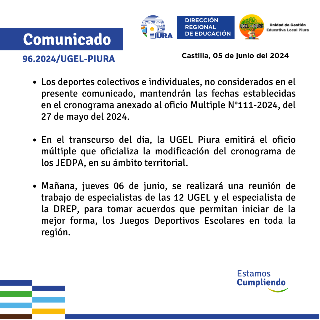 Juegos Escolares Deportivos Y Paradeportivos – JEDPA 2024
Etapa UGEL Piura
Juegos Escolares Deportivos Y Paradeportivos – JEDPA 2024
Etapa UGEL Piura
Modificación De Cronograma JEDPA 2024 – Etapa UGEL Piura