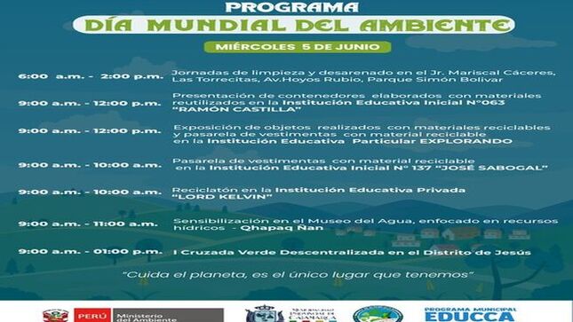 ✅La Municipalidad Provincial de Cajamarca, a través de la Gerencia de Desarrollo Ambiental , lanza programa de actividades a realizar por el día del ambiente. 
