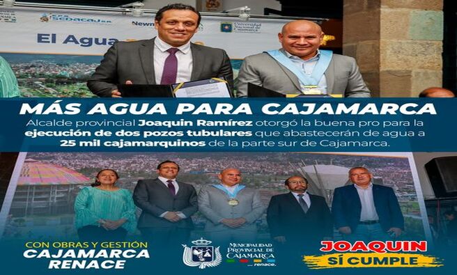 📌En un trabajo articulado entre la Municipalidad Provincial de Cajamarca, la EPS SEDACAJ, Newmot ALAC y la Universidad Nacional de Cajamarca, se firmaron los convenios que permitirán ejecutar el segundo y tercer pozo tubular, los mismos que contarán con reservorios apoyados. La ejecución de esta importante obra se realizará bajo la modalidad de obras por impuestos, permitiendo dotar de agua a más de 25 mil cajamarquinos de la zona sur.