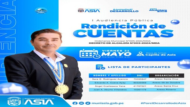 En cumplimiento de la Ordenanza Municipal N° 005-2024-MDA y el Decreto de Alcaldía N° 003-2024-A MDA, la Municipalidad Distrital de Asia da a conocer la lista de participantes para la "I Audiencia Pública de Rendición de Cuentas del Año 2024", que se llevará a cabo este viernes 31 de mayo del 2024, a horas 11:00 a.m, en la plaza de Armas de Capilla de Asia, donde daremos a conocer los avances , logros y gestiones realizadas por nuestro alcalde Isaias Alcántara Malásquez.
#MunicipalidadDistritalDeAsia 
#PorelDesarrollodeAsia
#IsaiasAlcantaraAlcaldedeAsia