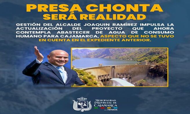 📌Gestión del alcalde Joaquin Ramírez impulsa la actualización del proyecto que ahora contempla abastecer de agua de consumo humano para Cajamarca, aspecto que no se tuvo en cuenta en el expediente anterior.
✅El anhelado proyecto de la Presa del Chonta (CUI 2079274) ha tomado el camino para su pronta ejecución. Así, tras coincidir en la necesidad de que sea la fuente de agua para consumo de todos los cajamarquinos, se elaborarán los términos de referencia para el levantamiento de observaciones, actualización e incorporación de componente fuente de agua potable, para la reformulación y aprobación del expediente técnico final. Cabe precisar que dotar de agua para consumo humano, nunca estuvo contemplado en el anterior proyecto.
🤝La reunión de trabajo con la empresa consultora a cargo de esta labor se desarrollará este martes 11 de junio a las 11:00 am en la ciudad de Lima, donde la propuesta será verificada y supervisada por el equipo técnico del Ministerio de Vivienda, Ministerio de Agricultura, Proinversión y la Municipalidad Provincial de Cajamarca, para aportar sugerencias y recomendaciones, que impulsen celeridad en la labor de hacer realidad este mega proyecto.