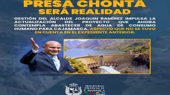 📌Gestión del alcalde Joaquin Ramírez impulsa la actualización del proyecto que ahora contempla abastecer de agua de consumo humano para Cajamarca, aspecto que no se tuvo en cuenta en el expediente anterior.
✅El anhelado proyecto de la Presa del Chonta (CUI 2079274) ha tomado el camino para su pronta ejecución. Así, tras coincidir en la necesidad de que sea la fuente de agua para consumo de todos los cajamarquinos, se elaborarán los términos de referencia para el levantamiento de observaciones, actualización e incorporación de componente fuente de agua potable, para la reformulación y aprobación del expediente técnico final. Cabe precisar que dotar de agua para consumo humano, nunca estuvo contemplado en el anterior proyecto.
🤝La reunión de trabajo con la empresa consultora a cargo de esta labor se desarrollará este martes 11 de junio a las 11:00 am en la ciudad de Lima, donde la propuesta será verificada y supervisada por el equipo técnico del Ministerio de Vivienda, Ministerio de Agricultura, Proinversión y la Municipalidad Provincial de Cajamarca, para aportar sugerencias y recomendaciones, que impulsen celeridad en la labor de hacer realidad este mega proyecto.