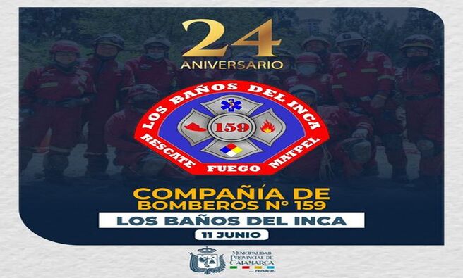 👨🏻🚒🚒Hoy celebramos con orgullo y gratitud los 24 años de servicio incansable y valentía de nuestra querida Compañía de Bomberos N.º 159 - Los Baños del Inca. Gracias por su compromiso inquebrantable y dedicación en la protección de nuestras vidas y bienes. Su esfuerzo y sacrificio son un ejemplo de verdadero heroísmo y amor por la comunidad. ¡Que sigan los éxitos y muchas felicidades en este aniversario!