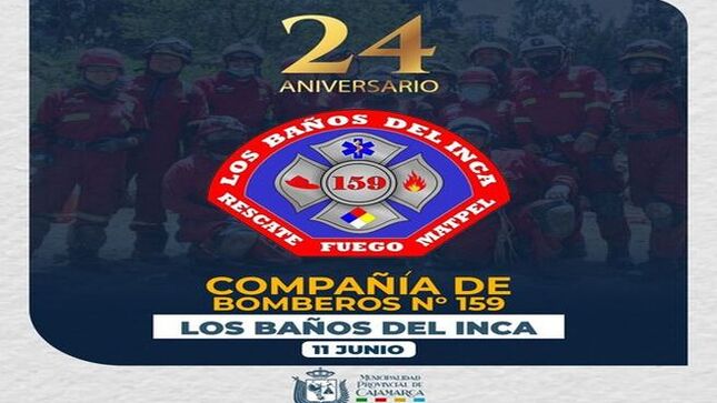 👨🏻‍🚒🚒Hoy celebramos con orgullo y gratitud los 24 años de servicio incansable y valentía de nuestra querida Compañía de Bomberos N.º 159 - Los Baños del Inca. Gracias por su compromiso inquebrantable y dedicación en la protección de nuestras vidas y bienes. Su esfuerzo y sacrificio son un ejemplo de verdadero heroísmo y amor por la comunidad. ¡Que sigan los éxitos y muchas felicidades en este aniversario!