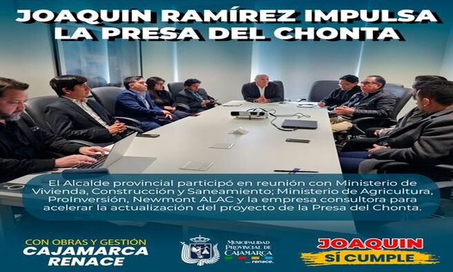 ✅El Alcalde provincial participó en reunión con Ministerio de Vivienda, Construcción y Saneamiento; Ministerio de Agricultura, ProInversión, Newmont ALAC y la empresa consultora para acelerar la actualización del proyecto de la Presa del Chonta. Se discutieron y aportaron sugerencias y recomendaciones que impulsarán la rapidez en la ejecución de este mega proyecto.
🗣“Se han comenzado a elaborar los términos de referencia necesarios para levantar observaciones, actualizar el proyecto e incorporar el componente de agua potable, lo cual permitirá la reformulación y aprobación del expediente técnico final. Es importante destacar que el suministro de agua para consumo humano no estaba contemplado en el proyecto anterior.” Sostuvo la primera autoridad edil.