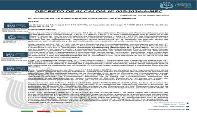 📌Convocatorio y aprobación de cronograma a elecciones de Representates de la Sociedad Civil ante el Consejo de Coordinación Local de cajamarca correspondiente al periodo 2024-2026, para el día domingo 11 de agosto del 2024.