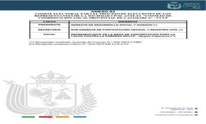 📌Convocatorio y aprobación de cronograma a elecciones de Representates de la Sociedad Civil ante el Consejo de Coordinación Local de cajamarca correspondiente al periodo 2024-2026, para el día domingo 11 de agosto del 2024.