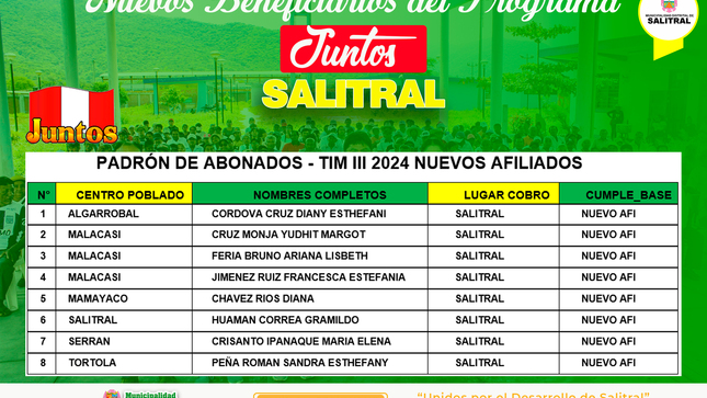 Nuevos beneficiarios del programa JUNTOS