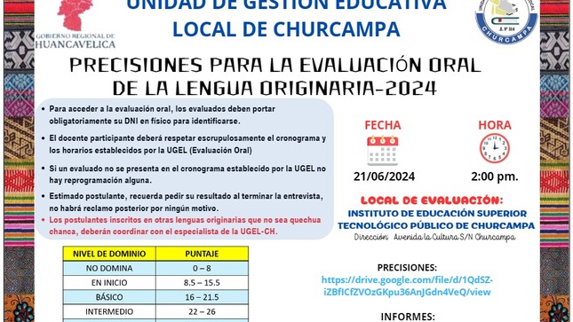 ✅Compartimos las precisiones para la Evaluación Oral de la Lengua Originaria 2024. 