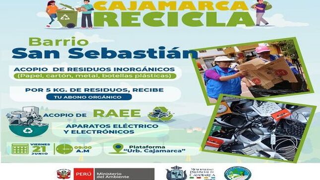 ✅La Municipalidad Provincial de Cajamarca, a través de la Gerencia de Desarrollo Ambiental, invita a los vecinos del barrio San Sebastián a participar en la Gran Reciclatón este 𝐯𝐢𝐞𝐫𝐧𝐞𝐬 𝟐𝟏 𝐝𝐞 𝐣𝐮𝐧𝐢𝐨 𝐚 𝐩𝐚𝐫𝐭𝐢𝐫 𝐝𝐞 𝐥𝐚𝐬 𝟗:𝟎𝟎 𝐚‧𝐦. 𝐞𝐧 𝐥𝐚 𝐩𝐥𝐚𝐭𝐚𝐟𝐨𝐫𝐦𝐚 𝐝𝐞 𝐥𝐚 𝐔𝐫𝐛𝐚𝐧𝐢𝐳𝐚𝐜𝐢𝐨́𝐧 𝐂𝐚𝐣𝐚𝐦𝐚𝐫𝐜𝐚. Trae tus materiales reciclables como papel, cartón, plástico, vidrio y metales, y contribuye a la gestión responsable de residuos y a la protección del medio ambiente.
 ¡Únete y ayúdanos a crear un Cajamarca más limpia y sostenible!