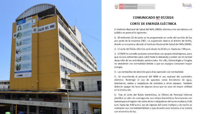 INSN informa a los servidores y al público sobre el corte de energía eléctrica.