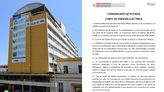 INSN informa a los servidores y al público sobre el corte de energía eléctrica.