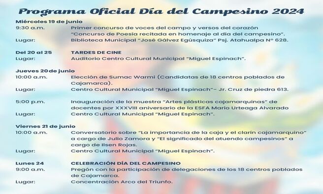 Compartimos el programa oficial de actividades en conmemoración al día del Campesino 🧑‍🌾.