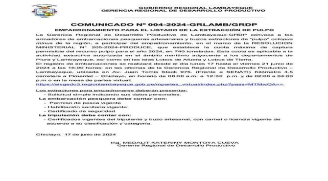 MINISTERIAL Nº 205-2024-PRODUCE.
Ingresar por mesa de partes virtual:
https://sisgedo3.regionlambayeque.gob.pe/mpartes_virtual/index.php?pass=MTMwOA==
#GerenciaRegionalDeDesarrolloProductivo
#GRDP
#LaUniónHaceLaFuerza
#regionconcorazón
#RegionLambayeque