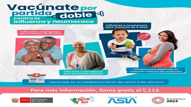 Vacúnate #PorPartidaDoble contra la #Influenza y el #Neumococo y pasa este invierno  sin complicaciones. Acude al establecimiento de salud más cercano por tus vacunas y evita enfermarte tú y toda tu familia. 
#vacunateporpartidadoble 
#MunicipalidadDistritalDeAsia
#PorelDesarrollodeAsia
#IsaiasAlcantaraAlcaldedeAsia