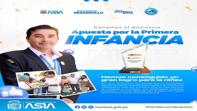 Gracias a la decisión política de nuestro alcalde Isaias Alcántara Malásquez, la Municipalidad Distrital de Asia ha sido reconocida como "GANADORA" del distintivo "Apuesta por la primera infancia", por promover los servicios esenciales para el desarrollo integral de los niños en sus primeros años de vida, desde el nacimiento hasta los cinco años de edad.
Este distintivo fue convocado por el Ministerio de Desarrollo e Inclusión Social, en donde participación 1578 municipalidades, de las cuales 610 resultaron ganadoras, entre ellas nuestra entidad.
Finalmente, este trabajo refleja el compromiso de nuestro alcalde Isaias Alcántara a través de la Sub Gerencia de Programas Sociales y Salud, por cumplir con los indicadores asignados.
#MunicipalidadDistritalDeAsia
#PorelDesarrollodeAsia
#IsaiasAlcantaraAlcaldedeAsia