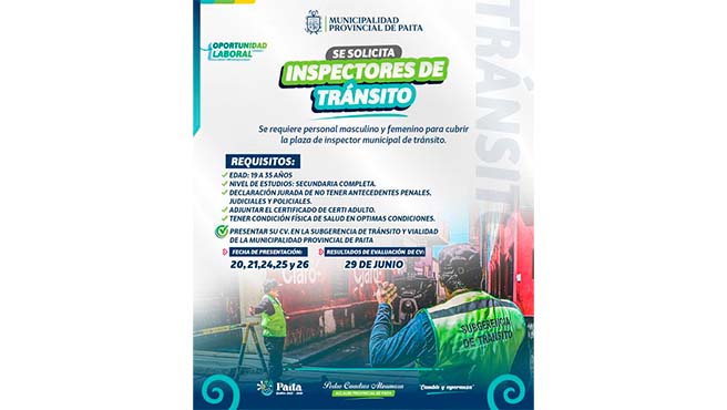 Se requiere inspectores de tránsito