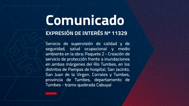 “SERVICIO DE SUPERVISIÓN DE CALIDAD Y DE SEGURIDAD, SALUD OCUPACIONAL Y MEDIO AMBIENTE EN LA OBRA: PAQUETE 2 - CREACIÓN DE SERVICIO DE PROTECCIÓN FRENTE A INUNDACIONES EN AMBAS MÁRGENES DEL RIO TUMBES, EN LOS DISTRITOS DE PAMPAS DE HOSPITAL, SAN JACINTO, SAN JUAN DE LA VIRGEN, CORRALES Y TUMBES, PROVINCIA DE TUMBES, DEPARTAMENTO DE TUMBES – TRAMO QUEBRADA CABUYAL”