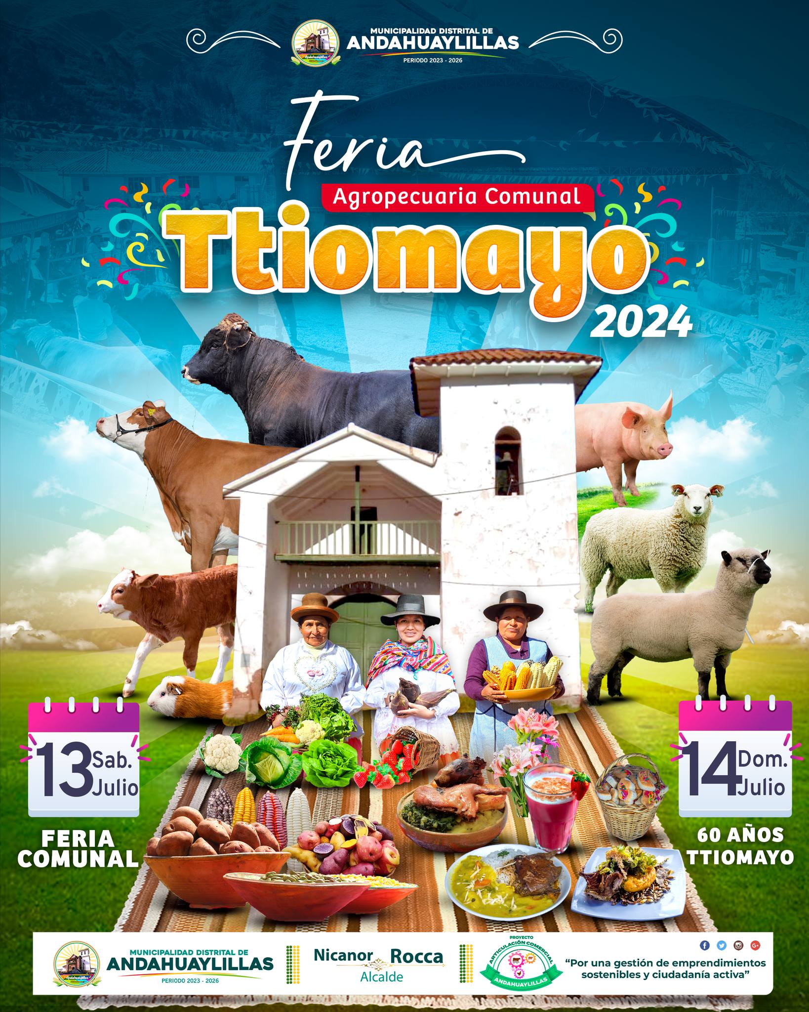 Flyer de invitaci贸n de parte de Municipalidad Distrital de Andahuayllillas a la Feria de la C.C Ttiomayo