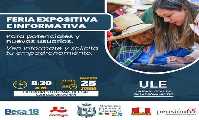Ven y participa de esta importante feria que servirรก para que mรกs cajamarquinos puedan acceder a los programas sociales del Estado.