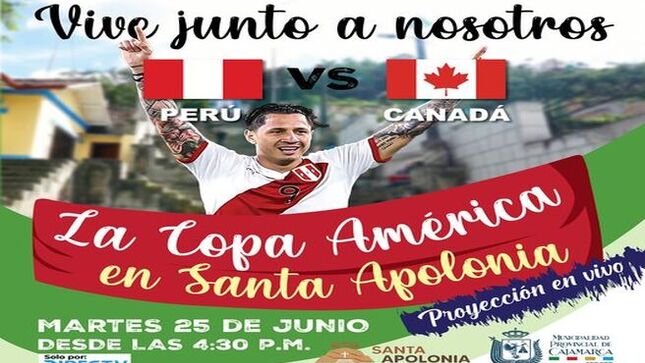 📣 Este martes traemos el Perú 🇵🇪 vs Canadá 🇨🇦 gracias a la señal de Directv Sports.
 ¡Te esperamos en la cima del atractivo turístico Santa Apolonia desde las 4:30 p.m. en las previas del partido ⚽️