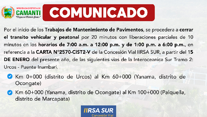 Comunicado: Cierre Programado de la Vía Interoceánica Tramo 2