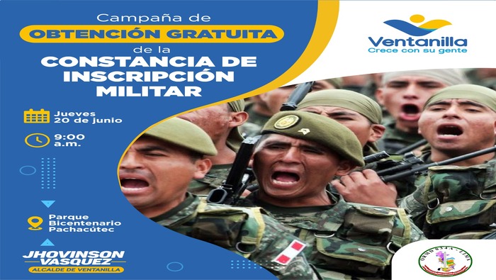 Ahora puedes obtener tu constancia de inscripción militar, de forma GRATUITA, a un paso de tu domicilio, gracias a nuestro alcalde 𝐉𝐡𝐨𝐯𝐢𝐧𝐬𝐨𝐧 𝐕𝐚𝐬𝐪𝐮𝐞𝐳. Acércate al Parque Bicentenario de Pachacútec, este jueves 20 de junio, a las 9:00 a.m. ¡No te pierdas esta gran oportunidad!
𝐑𝐞𝐪𝐮𝐢𝐬𝐢𝐭𝐨𝐬:
Tener 17 años de edad
DNI original y 2 copias
2 fotos de frente tamaño carnet
1 foto de perfil