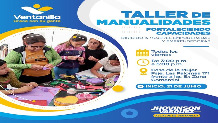 La Municipalidad de Ventanilla, a través de la Subgerencia de DEMUNA, invita a todos los niños de 10 a 16 años a participar en nuestros talleres de ajedrez. ¡Iniciamos este 20 y 21 de junio!
Además, estamos ofreciendo talleres de manualidades para mujeres, perfectos para aprender y emprender. Estos talleres comenzarán el 21 de junio en la Casa de la Mujer.