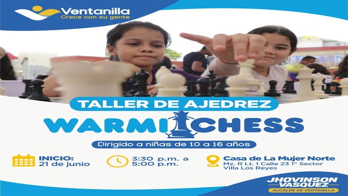 La Municipalidad de Ventanilla, a través de la Subgerencia de DEMUNA, invita a todos los niños de 10 a 16 años a participar en nuestros talleres de ajedrez. ¡Iniciamos este 20 y 21 de junio!
Además, estamos ofreciendo talleres de manualidades para mujeres, perfectos para aprender y emprender. Estos talleres comenzarán el 21 de junio en la Casa de la Mujer.