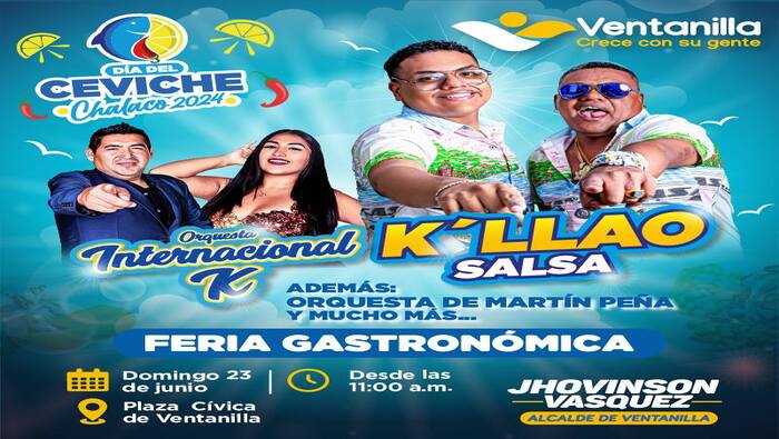 La Plaza Cívica de Ventanilla se viste de gala para celebrar el “Día del ceviche chalaco”. Donde podrán disfrutar de este delicioso potaje junto a K´Llao Salsa, Internacional K y muchos más. Te invitamos este domingo 23 de junio, desde las 11:00 a.m. ¡Te esperamos!