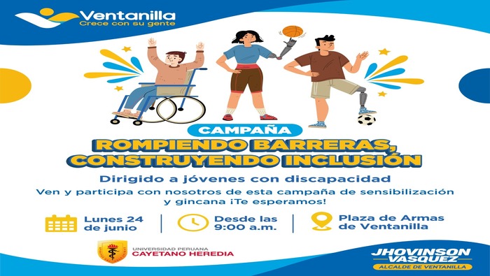 ¡Únete a nosotros en la Plaza de Armas este lunes 24 de junio desde las 9:00 a.m. para la campaña de sensibilización y gincana "¡Rompiendo barreras, construyendo inclusión”!
Invitamos a todos los jóvenes con discapacidad a participar en una jornada llena de actividades divertidas y educativas. Juntos, construiremos una comunidad más inclusiva y consciente. ¡No faltes! Tu participación es clave para romper barreras y promover la inclusión.