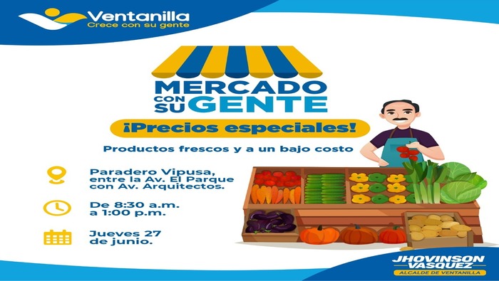 Vecinos, los esperamos en el "Mercado con su gente", donde los propios productores ofrecerán frutas, verduras, carnes y abarrotes, entre otros; a precios accesibles, gracias a las gestiones realizadas por nuestro alcalde 𝐉𝐡𝐨𝐯𝐢𝐧𝐬𝐨𝐧 𝐕𝐚𝐬𝐪𝐮𝐞𝐳, quien de esta forma continúa apoyando a la canasta básica familiar. Acércate al Paradero Vipusa, entre la Av. El Parque con Av. Arquitectos, este jueves 27 de junio, desde las 8:30 a.m. ¡Ventanilla crece con su gente!