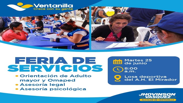 Tenemos preparado una gran ‘feria de servicios’ gratuitos para nuestros vecinos de Pachacútec. Los invitamos este 25 de junio a la losa deportiva del A.H. El Mirador, a partir de las 8.00 a.m. Tendremos Orientación para el adulto mayor y Omaped, asesoría legal y psicológica. Nuestra gestión con rostro humano sigue trabajando por un distrito más equitativo y con igualdad de oportunidades para todos. ¡Ventanilla crece con su gente!