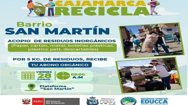 ♻️La Municipalidad Provincial de Cajamarca a través de la gerencia de Desarrollo Ambiental te invita a participar de la gran 𝐑𝐞𝐜𝐢𝐜𝐥𝐚𝐭𝐨́𝐧 𝐞𝐧 𝐞𝐥 𝐁𝐚𝐫𝐫𝐢𝐨 𝐒𝐚𝐧 𝐌𝐚𝐫𝐭𝐢́𝐧 𝐒𝐞𝐜𝐭𝐨𝐫 𝟏𝟑‧
📆𝐕𝐢𝐞𝐫𝐧𝐞𝐬 𝟐𝟖 𝗱𝗲 𝐣𝐮𝐧𝐢𝐨
⏰ 𝟗:𝟎𝟎 𝗮𝗺
📍 𝗣𝗹𝗮𝐭𝐚𝐟𝐨𝐫𝐦𝐚 "𝐒𝐚𝐧 𝐌𝐚𝐫𝐭𝐢́𝐧"
¡𝐓𝐞 𝐄𝐬𝐩𝐞𝐫𝐚𝐦𝐨𝐬!