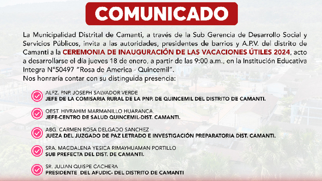 Inauguración de las Vacaciones Útiles 2024 por la Municipalidad Distrital de Camanti