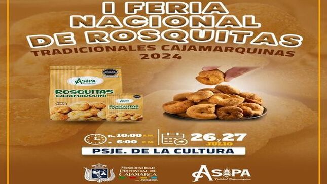 📅 Este 26 y 27 de julio, te invitamos a participar en la I Feria Nacional de Rosquitas Tradicionales Cajamarquinas 2024. El evento se llevará a cabo en el Pasaje de La Cultura, de 10:00 a.m. a 6:00 p.m.
🎉 Ven y disfruta de las deliciosas rosquitas cajamarquinas, conoce a los productores locales y forma parte de esta celebración que destaca nuestras tradiciones.