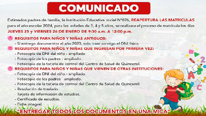 Reapertura de Matrículas en la Institución Educativa Inicial N° 76 para el Año Escolar 2024
