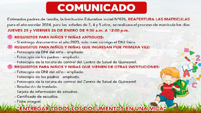 Reapertura de Matrículas en la Institución Educativa Inicial N° 76 para el Año Escolar 2024