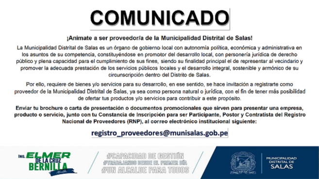 Invitación a registrarte como proveedor de la Municipalidad Distrital de Salas, ya sea como persona natural o jurídica, con el fin de tener más posibilidad de ofertar tus productos y/o servicios.
