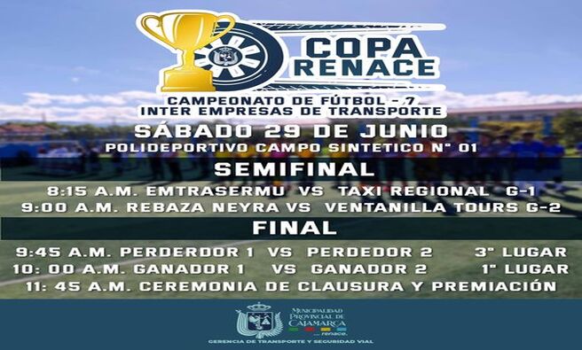 ✅Invitamos a todos los transportistas y participantes de la Copa Renace 2024 a la ceremonia de clausura y premiación este sábado 29 de junio en las instalaciones del polideportivo Qhapaq Ñan. Además, podrán disfrutar de la semifinal y final del torneo.
¡Acompáñanos a celebrar el esfuerzo y dedicación de los equipos participantes!