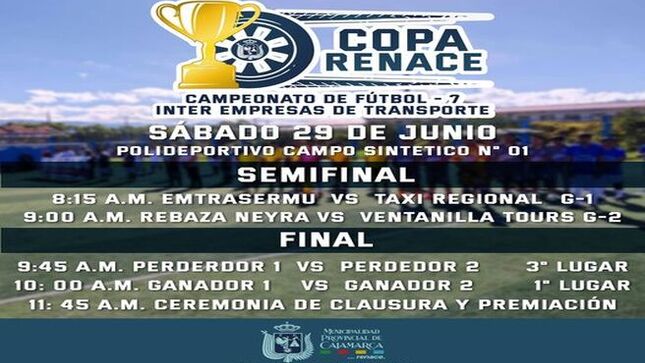 ✅Invitamos a todos los transportistas y participantes de la Copa Renace 2024 a la ceremonia de clausura y premiación este sábado 29 de junio en las instalaciones del polideportivo Qhapaq Ñan. Además, podrán disfrutar de la semifinal y final del torneo.
¡Acompáñanos a celebrar el esfuerzo y dedicación de los equipos participantes!