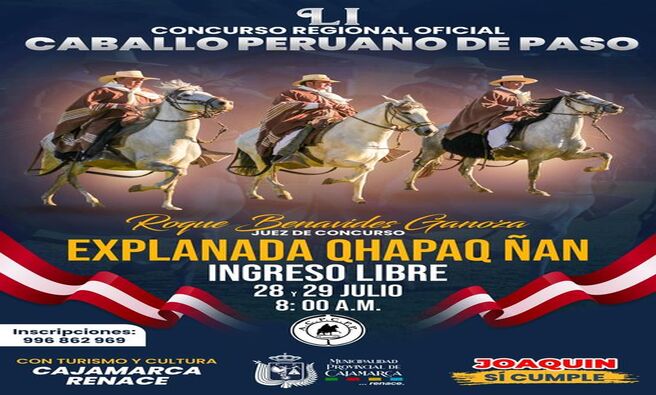 π Ven y disfruta este 28 y 29 de Julio en el ππππππππ ππππππππ ππ
πππππ πππππππ πππππππ ππ ππππ. Este evento promete una exhibiciΓ³n de los mejores ejemplares de caballos peruano de paso.
Β‘No te lo pierdas! Vive, siente y disfruta todo lo que Cajamarca tiene para ofrecer en la I EXPO CAJAMARCA RENACE