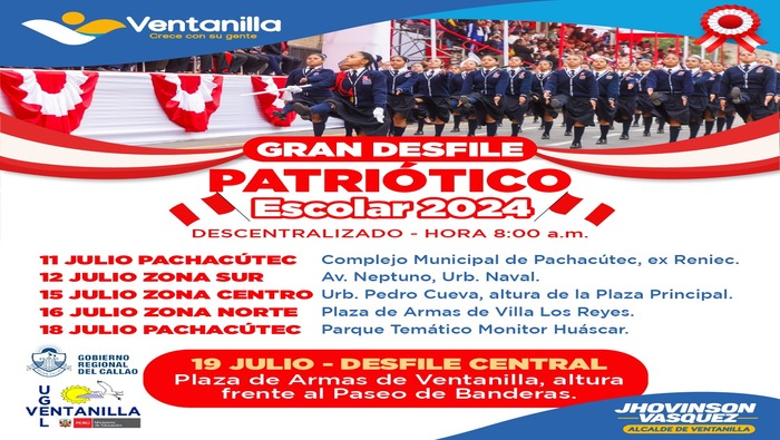 🟡 En el mes patrio, nos preparamos para los desfiles descentralizados, donde los escolares de diversos centros educativos exhibirán su pundonor y marcialidad. ¡Alienta a tu colegio favorito y únete a la celebración de las fiestas patrias! Te esperamos en los lugares y fechas indicadas para disfrutar de este evento. ¡Recuerda que los ganadores participarán en el gran desfile central!