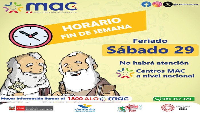 ¡Atención, vecinos! Les informamos que este sábado 29 de junio, por el Día de San Pedro y San Pablo, el MAC Ventanilla no atenderá. Recomendamos que tomen sus precauciones y planifiquen sus trámites para días posteriores.
