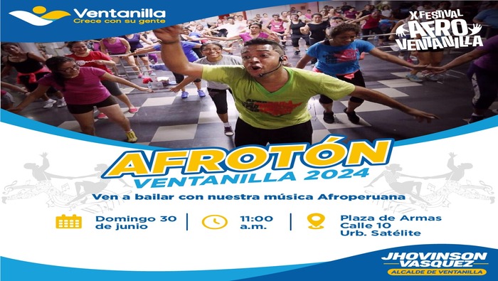 🟡 Como parte de las actividades por el ‘X Festival Afro Ventanilla’ te invitamos a bailar al ritmo de la música afroperuana en el gran “Afrotón Ventanilla 2024”. Ven a disfrutar de estos 'ejercicios cardio' recomendados para tu salud, este domingo 30 de junio, en la Plaza de Armas de la Calle 10, Ciudad Satélite, a las 11:00 a.m. ¡Vive una experiencia llena de ritmo y energía! 🏃♀️💪