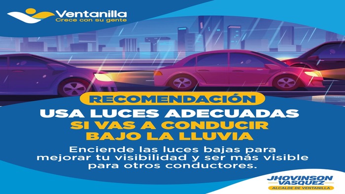 Vecino conductor, en estos días de bajas temperaturas y garúas, te hacemos llegar las siguientes recomendaciones para evitar posibles accidentes. Queremos que llegues a buen recaudo a tu destino. recuerda que, al final del día ¡tu familia espera por ti!