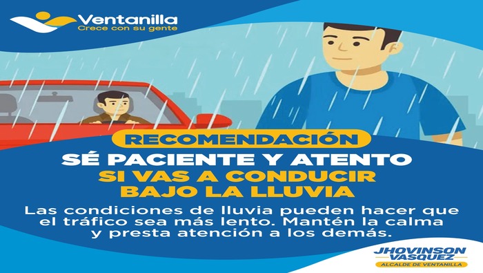Vecino conductor, en estos días de bajas temperaturas y garúas, te hacemos llegar las siguientes recomendaciones para evitar posibles accidentes. Queremos que llegues a buen recaudo a tu destino. recuerda que, al final del día ¡tu familia espera por ti!