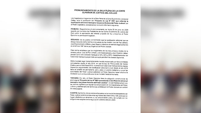 Pronunciamiento de la Sala Plena de la Corte Superior de Justicia del Callao sobre Proyecto de Ley 5961 que extiende bonificación a Jueces - Pg. 1